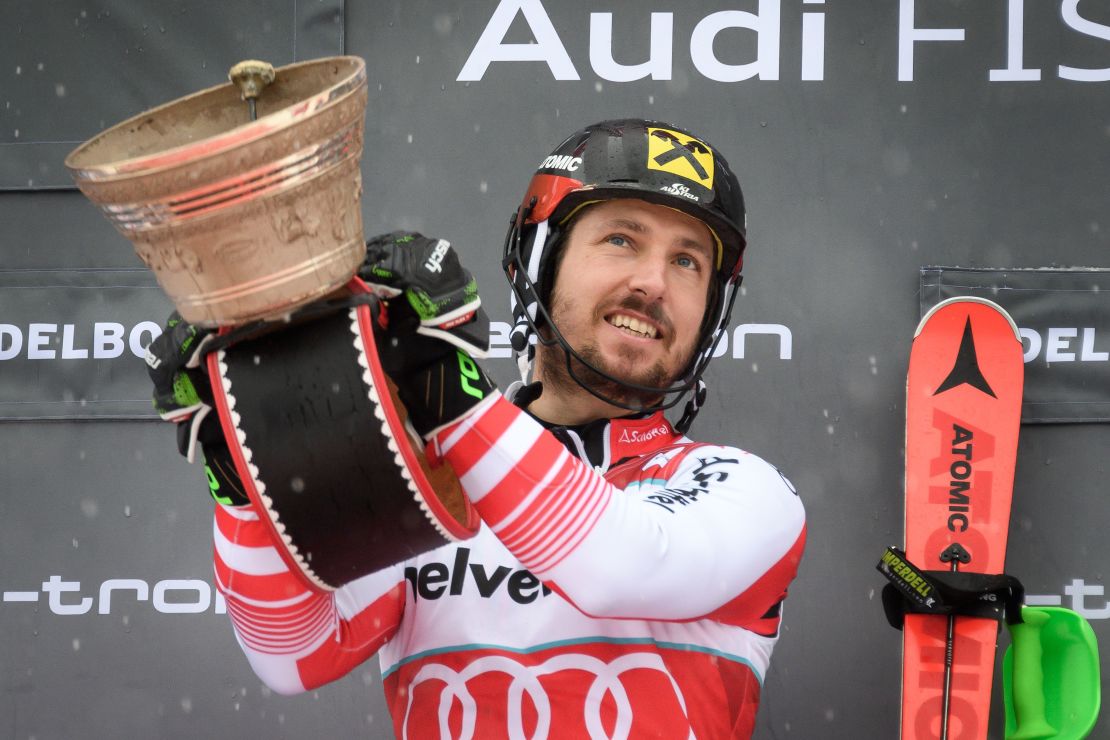 Austria's Marcel Hirscher celebrates after his win on the Chuenisbärgli in Adelboden.