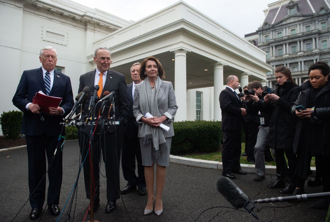 US Speaker of the House Nancy Pelosi, Senate Democratic Leader Chuck Schumer, House Democratic Whip Steny Hoyer and Senate Democratic Whip Dick Durbin appeared at the White House after shutdown talks with Donald Trump.