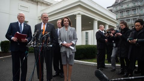 US Speaker of the House Nancy Pelosi, Senate Democratic Leader Chuck Schumer, House Democratic Whip Steny Hoyer and Senate Democratic Whip Dick Durbin appeared at the White House after shutdown talks with Donald Trump.