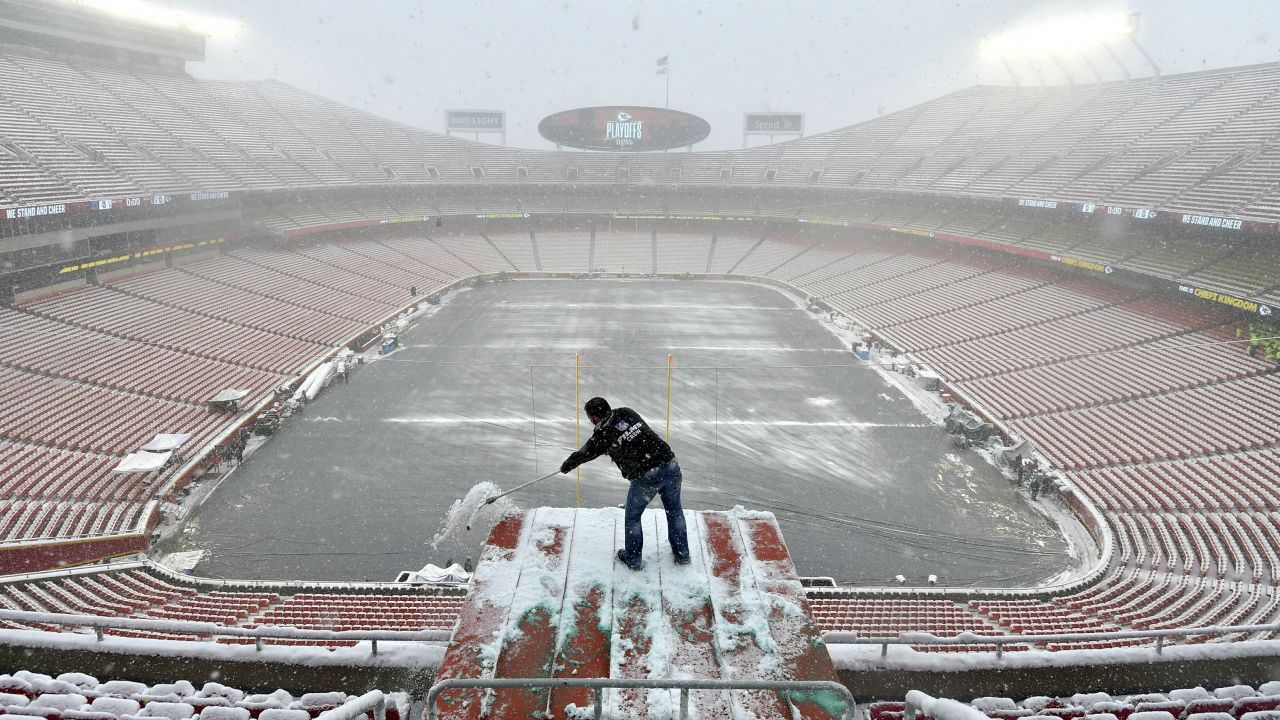 A camera location is cleared of snow at Arrowhead Stadium before an NFL playoff game between the Kansas City Chiefs and the Indianapolis Colts on Saturday.