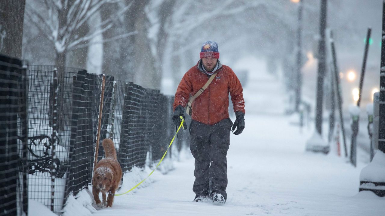 A man walks his dog as snow continues to fall in Washington.