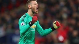 LONDON, ENGLAND - JANUARY 13:  David De Gea of Manchester United celebrates as Marcus Rashford of Manchester United scores his team's first goal  during the Premier League match between Tottenham Hotspur and Manchester United at Wembley Stadium on January 13, 2019 in London, United Kingdom.  (Photo by Catherine Ivill/Getty Images)