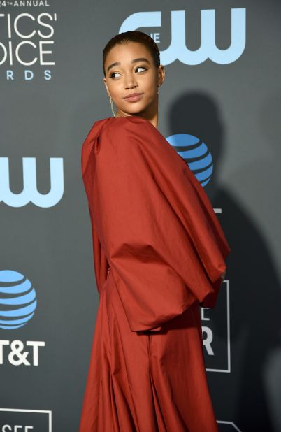 Amandla Stenberg, star of "The Hate U Give," looked elegant in a flowy red gown. 