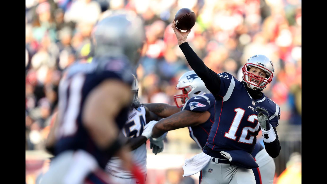 Tom Brady of the New England Patriots passes during the second quarter in the AFC Divisional Playoff Game against the Los Angeles Chargers at Gillette Stadium on Sunday, January 13.