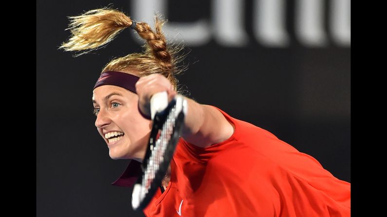 Petra Kvitova of the Czech Republic serves against Aliaksandra Sasnovich of Belarus during their women's singles semifinal match at the Sydney International tennis tournament on January 11.