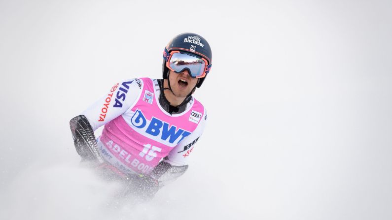 Tommy Ford of the United States reacts at the finish of the men's giant slalom race at the FIS Alpine Skiing World Cup in Adelbodenon, Switzerland, on January 12.