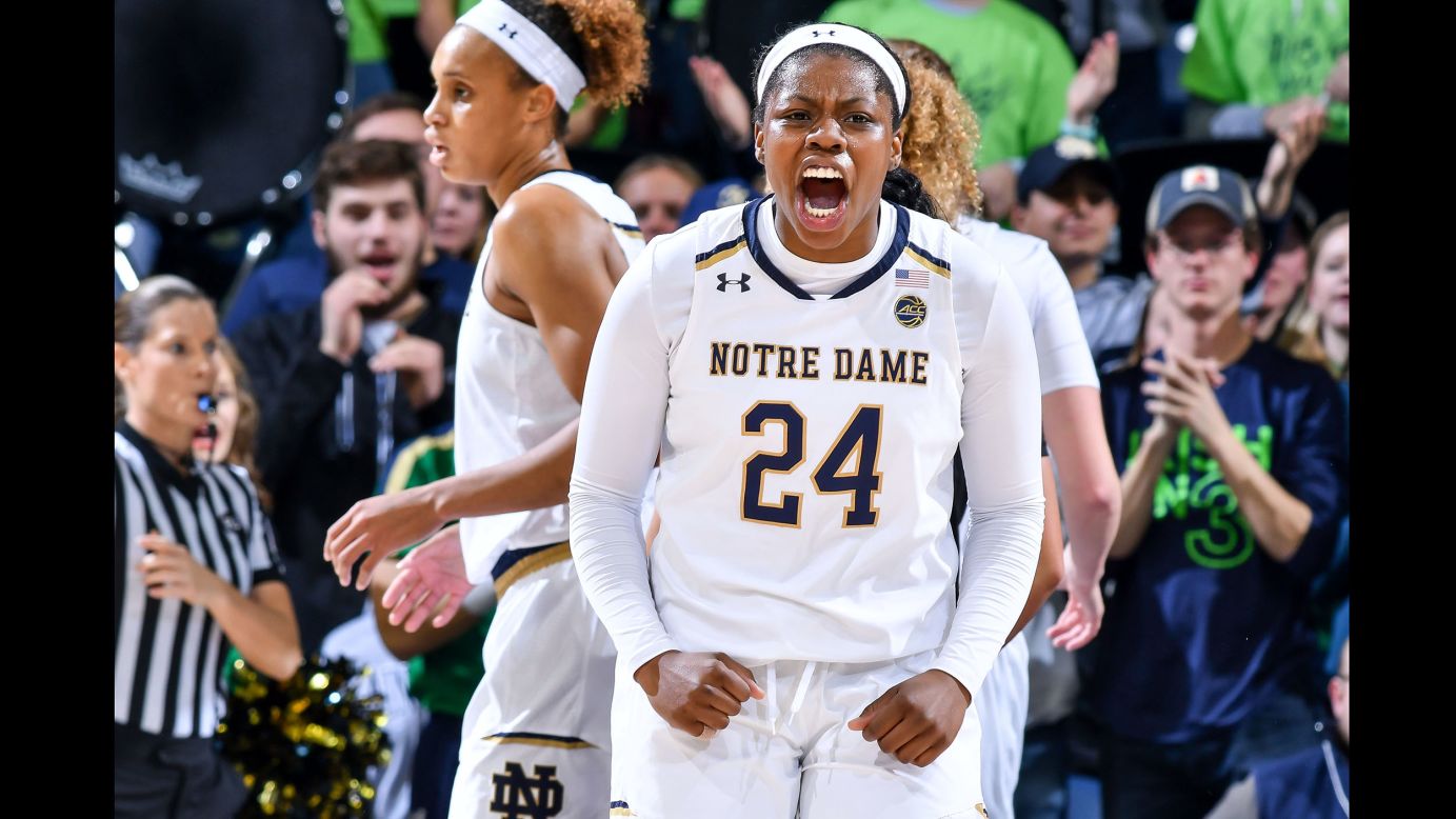 Notre Dame Fighting Irish guard Arike Ogunbowale reacts in the second half against the Louisville Cardinals at the Purcell Pavilion in Notre Dame, Indiana, on Thursday, January 10.