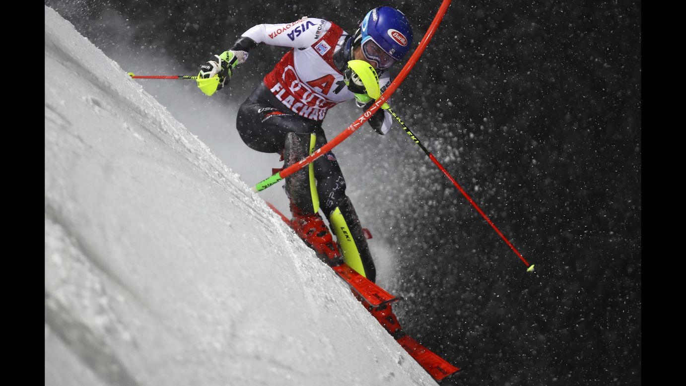United States' Mikaela Shiffrin competes on her way to set the fastest time during the first run of an alpine ski, women's World Cup slalom in Flachau, Austria, on  January 8.