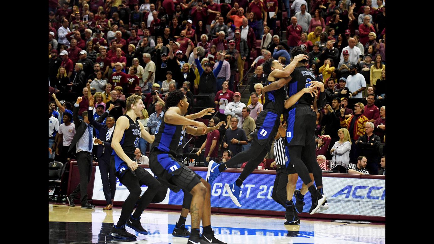 Duke Blue Devils players celebrate after winning a game against the Florida State Seminoles at Donald L. Tucker Center in Tallahassee, Florida, on January 12.