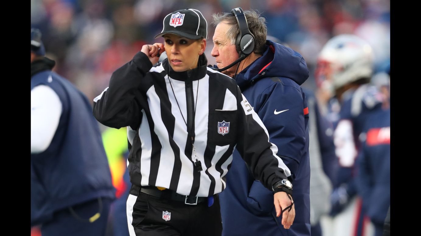 NFL down judge Sarah Thomas looks on in the AFC Divisional Playoff Game between the New England Patriots and the Los Angeles Chargers at Gillette Stadium on January 13. Thomas was  the first woman to officiate an NFL post-season game.