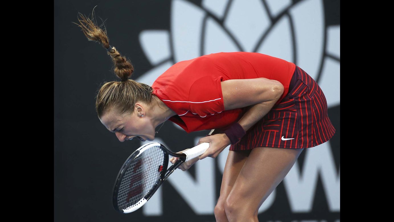 Petra Kvitova of Czech Republic reacts to breaking the serve of Ashleigh Barty of Australia in the third set during their women's final match at the Sydney International tennis tournament on  January 12.