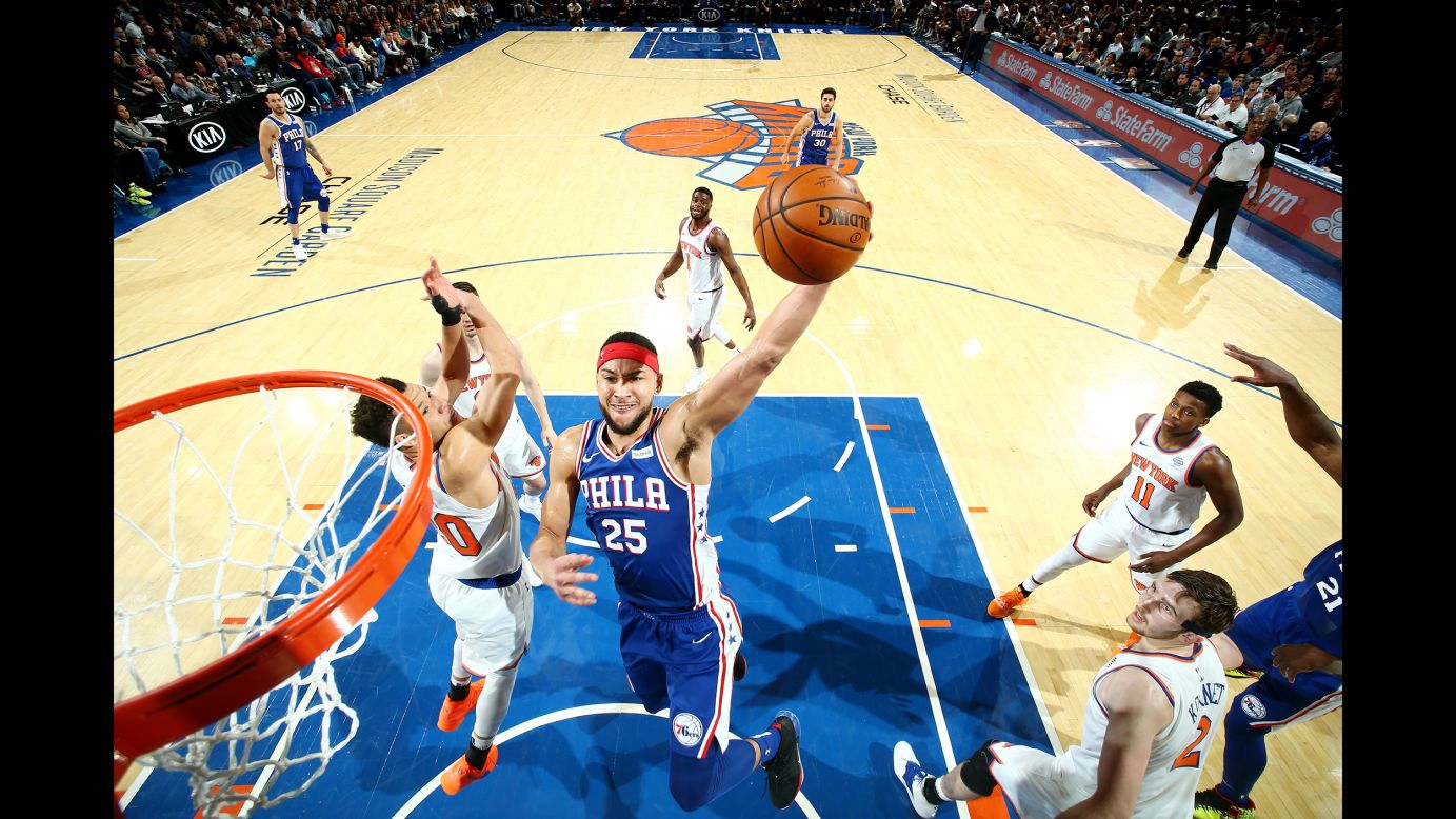 Ben Simmons of the Philadelphia 76ers dunks the ball against the New York Knicks in New York on January 13.