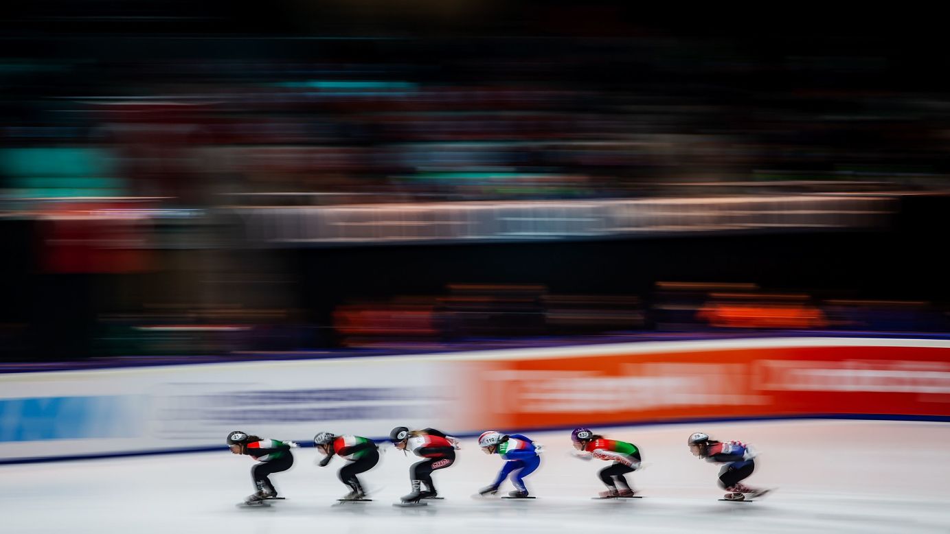 Petra Jaszapati of Hungary leads the pack in the ladies 1500 meter quarter-final during the ISU European Short Track Speed Skating Championships at Sportboulevard in Dordrecht, Netherlands, on January 11.