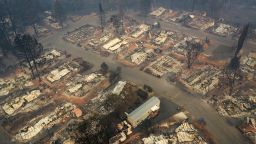 PARADISE, CA - NOVEMBER 15:  An aerial view of a neighborhood destroyed by the Camp Fire on November 15, 2018 in Paradise, California. Fueled by high winds and low humidity the Camp Fire ripped through the town of Paradise charring over 140,000 acres, killing at least 56 people and destroying over 8,500 homes and businesses. The fire is currently at 40 percent containment.  (Photo by Justin Sullivan/Getty Images)