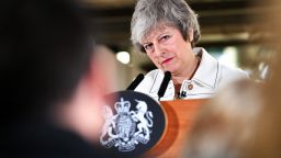 Britain's Prime Minister Theresa May gives a speech at a factory in Stoke-on-Trent to call on MP's to support her Brexit bill on January 14