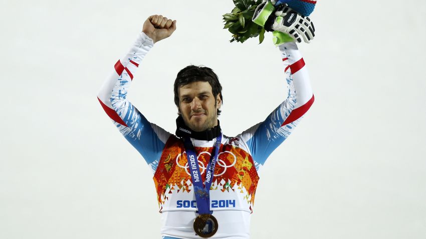 SOCHI, RUSSIA - FEBRUARY 22: (FRANCE OUT) Mario Matt of Austria wins the gold medal during the Alpine Skiing Men's Slalom at the Sochi 2014 Winter Olympic Games at Rosa Khutor Alpine Centre on February 22, 2014 in Sochi, Russia. (Photo by Alexis Boichard/Agence Zoom/Getty Images)