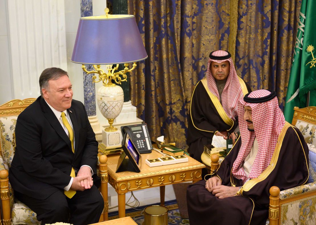 Saudi Arabia's King Salman bin Abdulaziz meets with US Secretary of State Mike Pompeo  at the Royal Court in Riyadh.
