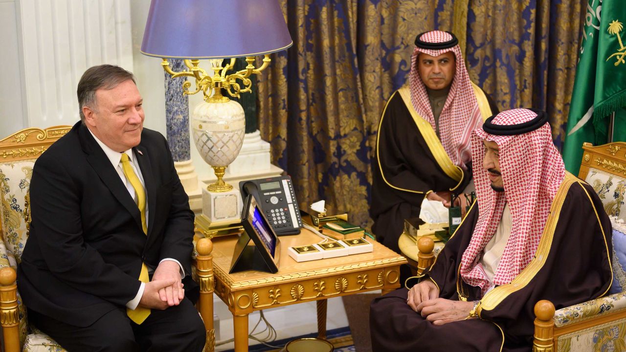 Saudi Arabia's King Salman bin Abdulaziz meets with US Secretary of State Mike Pompeo at the Royal Court in Riyadh.