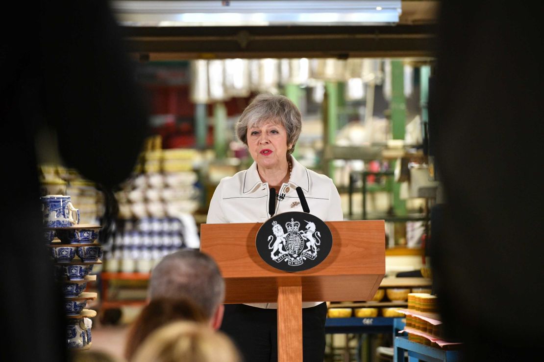 Theresa May speaking in Stoke on Trent.