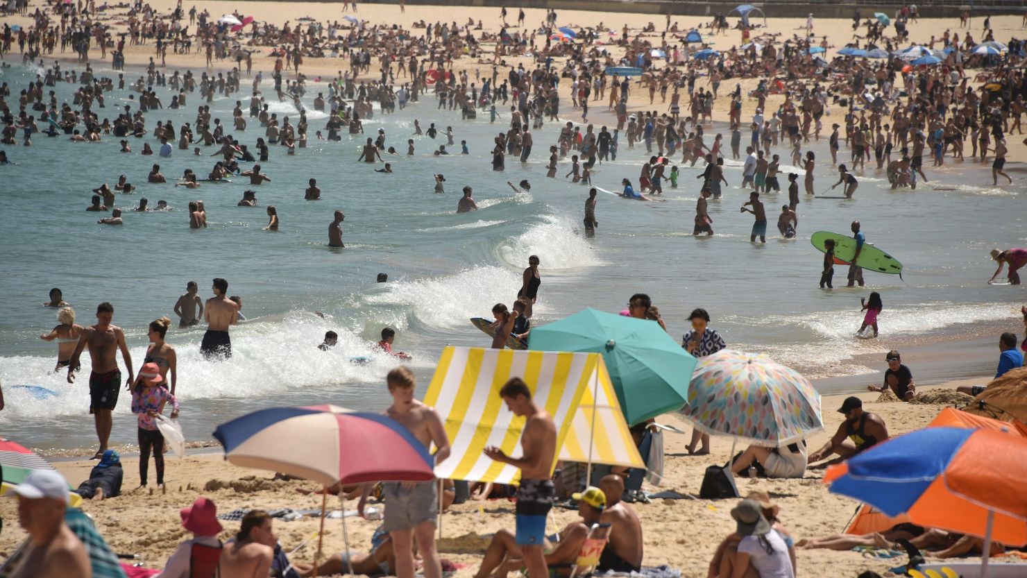 Sunbathers are seen on Bondi Beach as temperatures soar in Sydney on December 28, during one of two major heatwaves to scorch the continent.