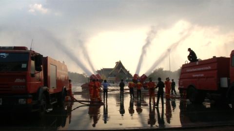 Water cannons were being used on January 14, 2019 to clean the air and streets in Bangkok.