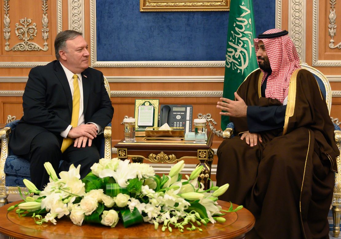 US Secretary of State Mike Pompeo with Saudi Crown Price Mohammed bin Salman in Riyadh on Monday. 
