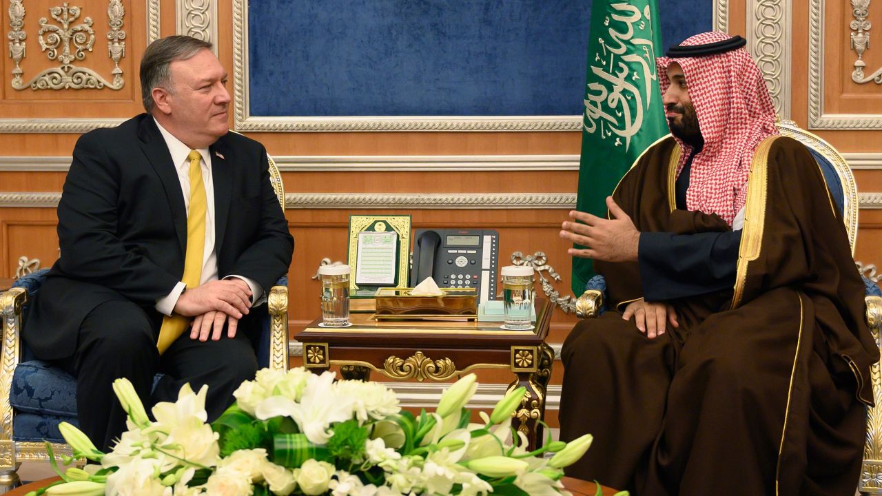 US Secretary of State Mike Pompeo with Saudi Crown Price Mohammed bin Salman in Riyadh on Monday.
