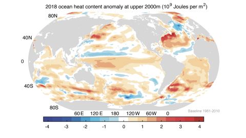 Ocean heat content (OHC) in the upper 2000m during 2018.