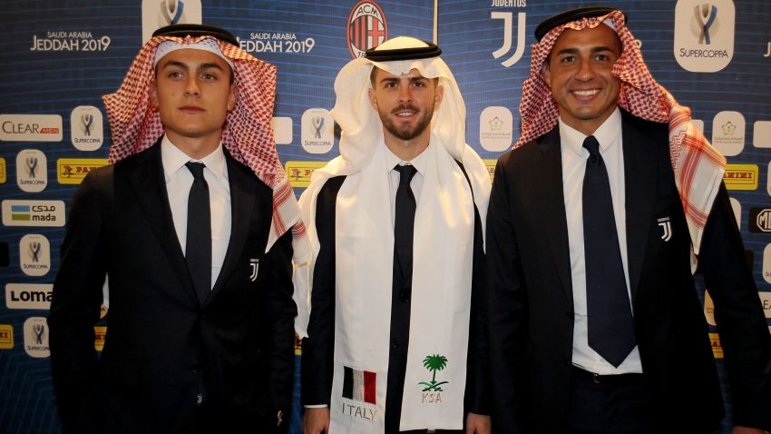 JEDDAH, SAUDI ARABIA - JANUARY 14: Miralem Pjanic, David Tezeguet former of Juventus and Paulo Dybala of Juventus attend the Juventus SELA sponsor event - Italian Supercup previews on January 14, 2019 in Jeddah, Saudi Arabia. (Photo by Marco Rosi/Getty Images for Lega Serie A)