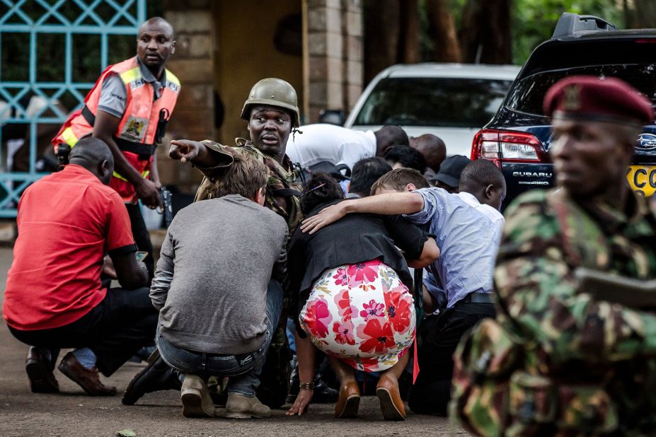 Special forces protect people after an explosion at the Nairobi hotel complex on January 15.