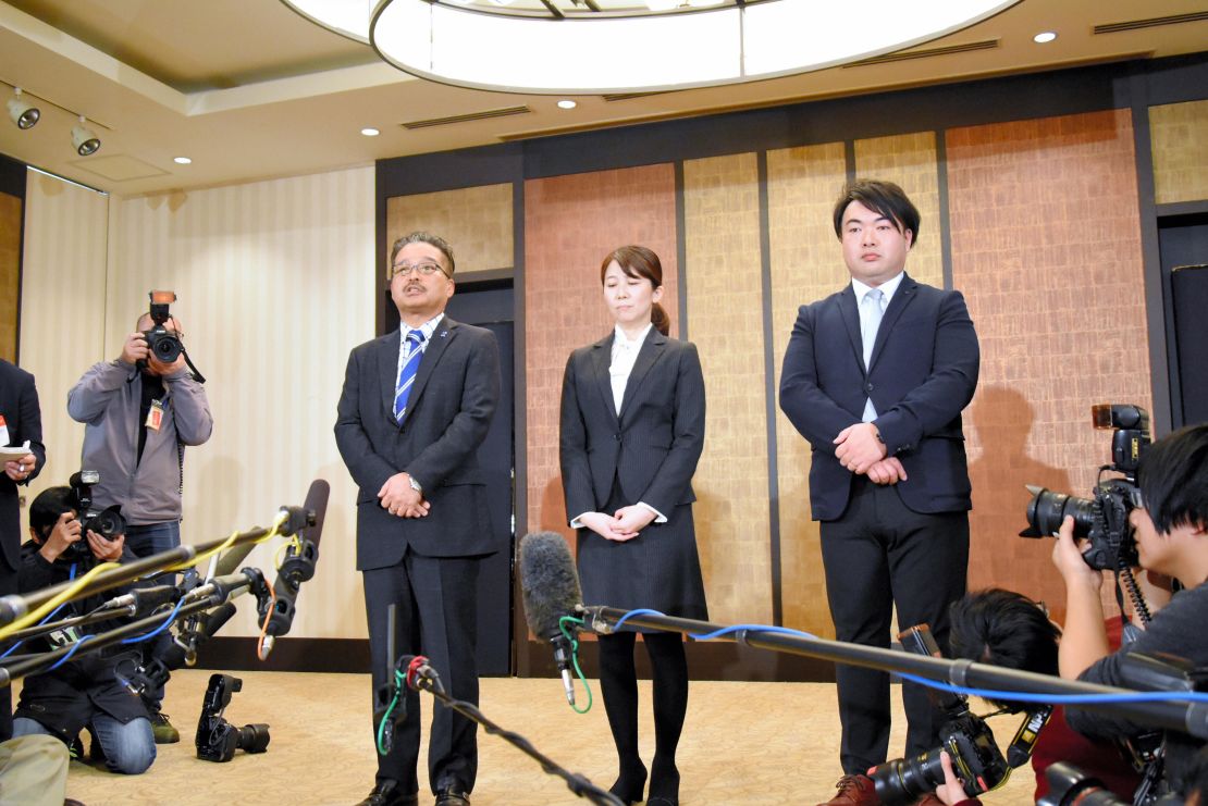 Executives of the AKS, who manage the girl pop band, NGT48, attend a press conference on January 14, 2019, in Tokyo.