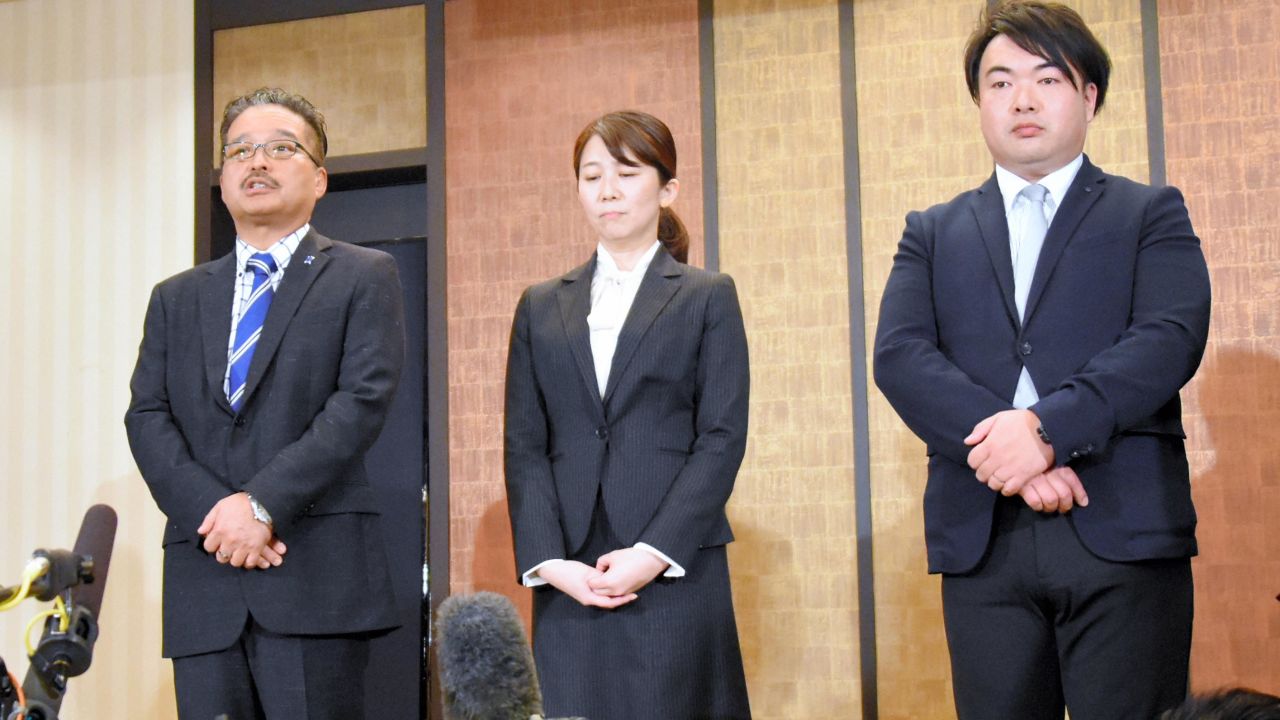 Executives of the AKS, who manage the girl pop band, NGT48, attend a press conference on January 14, 2019, in Tokyo.