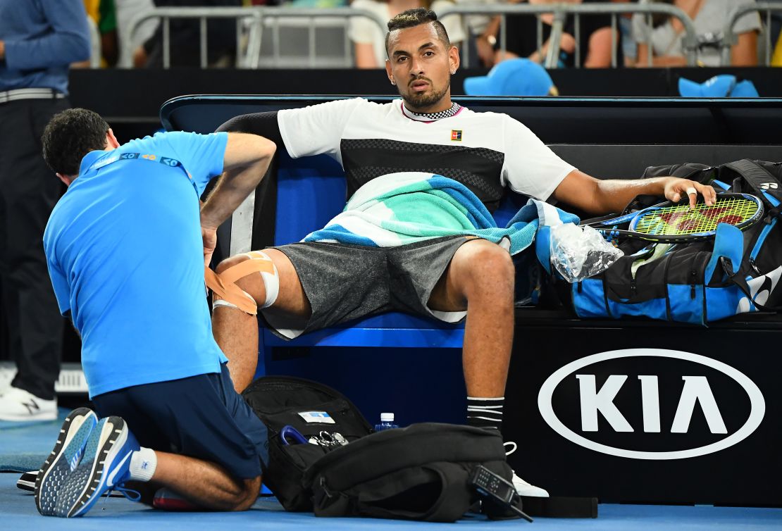Nick Kyrgios' knee needed attention in his straight-set loss to Milos Raonic at the Australian Open. 
