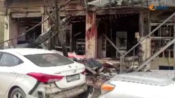 This frame grab from video provided by Hawar News, ANHA, the news agency for the semi-autonomous Kurdish areas in Syria, shows a damaged restaurant where an explosion occurred, in Manbij, Syria, Wednesday, Jan. 16, 2019. The Britain-based Syrian Observatory for Human Rights, a Syrian war monitoring group, and a local town council said Wednesday that the explosion took place near a patrol of the U.S.-led coalition and that there are casualties. (ANHA via AP)