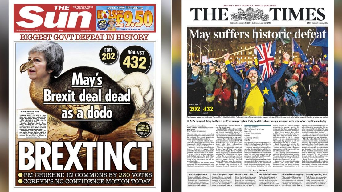 Theresa May was lambasted on the front pages of UK newspapers after the Brexit vote defeat.