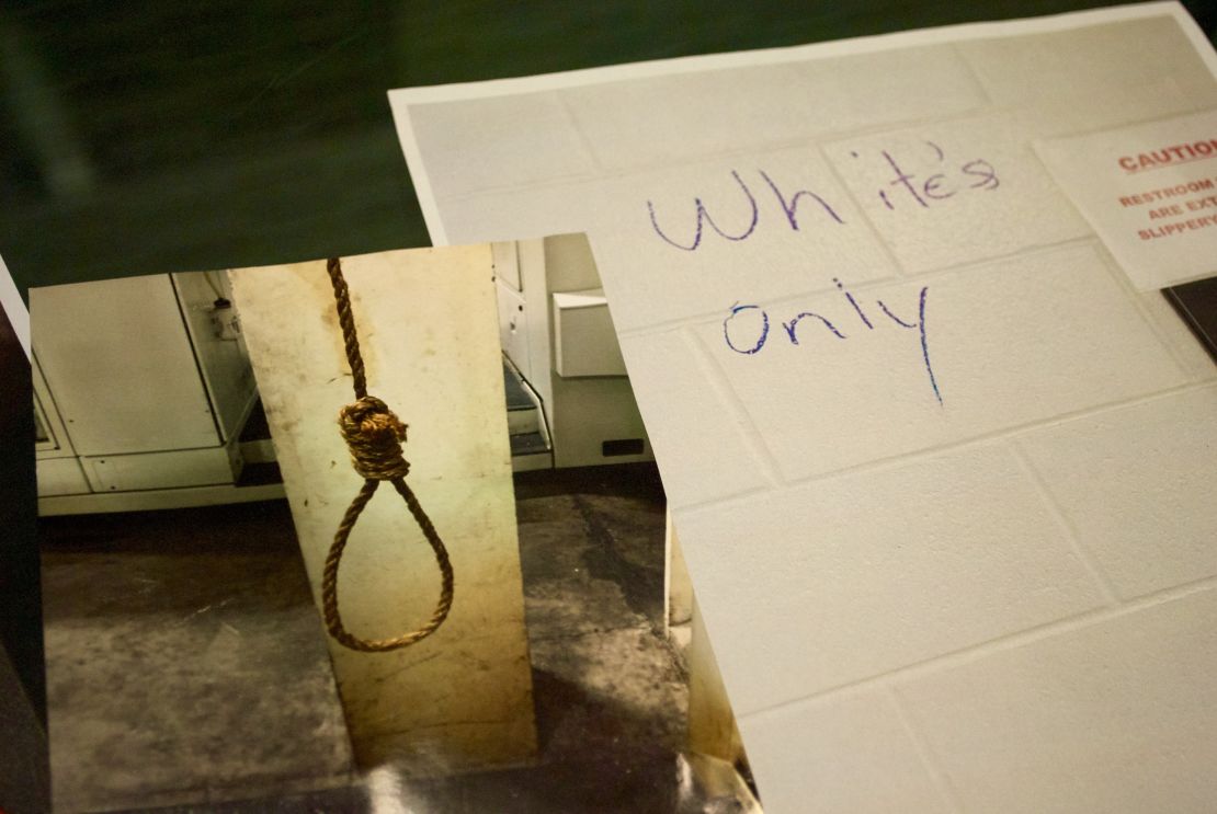 A noose that was found hanging in the plant and graffiti marking the bathroom "White's Only."