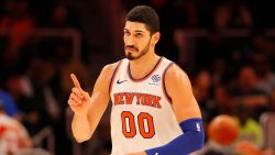 ATLANTA, GA - NOVEMBER 07:  Enes Kanter #00 of the New York Knicks reacts after making a free throw against the Atlanta Hawks at State Farm Arena on November 7, 2018 in Atlanta, Georgia.  NOTE TO USER: User expressly acknowledges and agrees that, by downloading and or using this photograph, User is consenting to the terms and conditions of the Getty Images License Agreement.  (Photo by Kevin C. Cox/Getty Images)