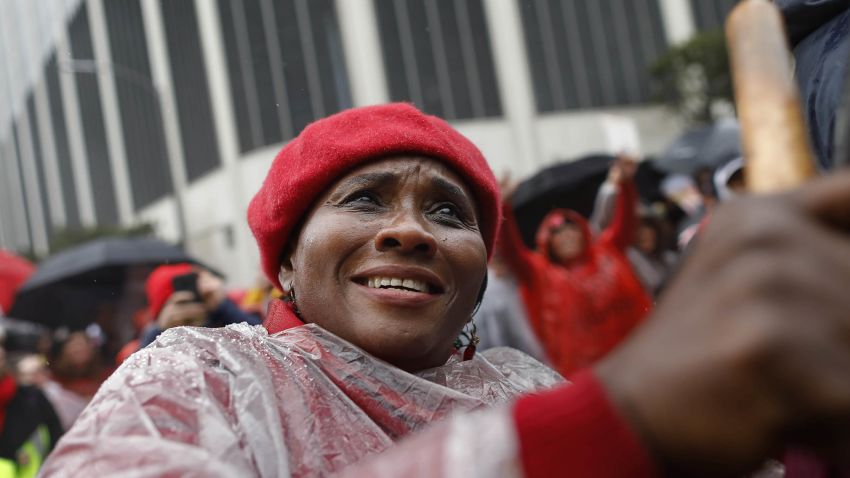 LOS ANGELES, CA - JANUARY 14: Teacher Nkechi Apakama along with Los Angeles Unified School District teachers and supporters gather at LAUSD headquarters in Los Angeles, Calif., on Jan. 14, 2019. Los Angeles Unified School District teachers on strike for the first time in 30 years. (Photo by Gary Coronado/Los Angeles Times via Getty Images)