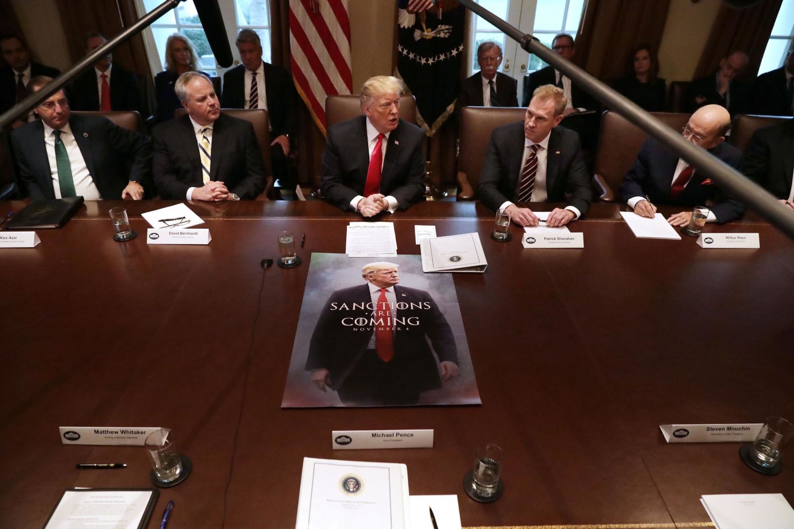 A "Game of Thrones"-style poster <a href="https://www.cnn.com/videos/politics/2019/01/03/donald-trump-game-of-thrones-cabinet-meeting-moos-pkg-ebof-vpx.cnn" target="_blank">sits in front of the President</a> as he meets with Cabinet members at the White House on January 2. While cameras were rolling, the President made no reference to the poster, <a href="https://www.cnn.com/2018/11/02/entertainment/hbo-trump-game-of-thrones/index.html" target="_blank">which we first saw in November.</a>