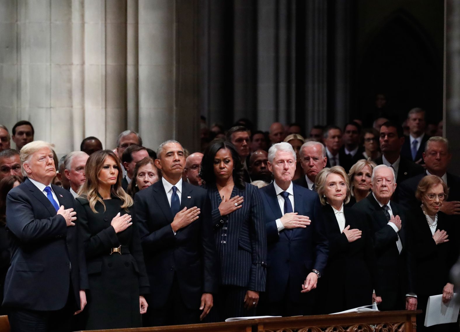 President Trump and his wife, Melania, join former US presidents and their wives at <a href="https://www.cnn.com/2018/12/02/politics/gallery/george-h-w-bush-memorials/index.html" target="_blank">the state funeral of George H.W. Bush</a> on December 5. In the front row, from left, are the Trumps, Barack and Michelle Obama, Bill and Hillary Clinton, and Jimmy and Rosalynn Carter. Bush, the patriarch of one of America's dominant political dynasties, died November 30 at age 94.