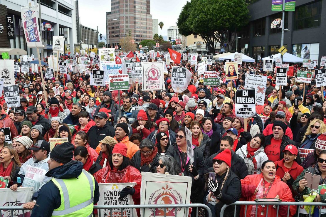 Striking teachers and their supporters rally Tuesday in downtown Los Angeles.