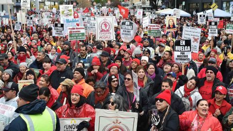 Striking teachers and their supporters rally Tuesday in downtown Los Angeles.