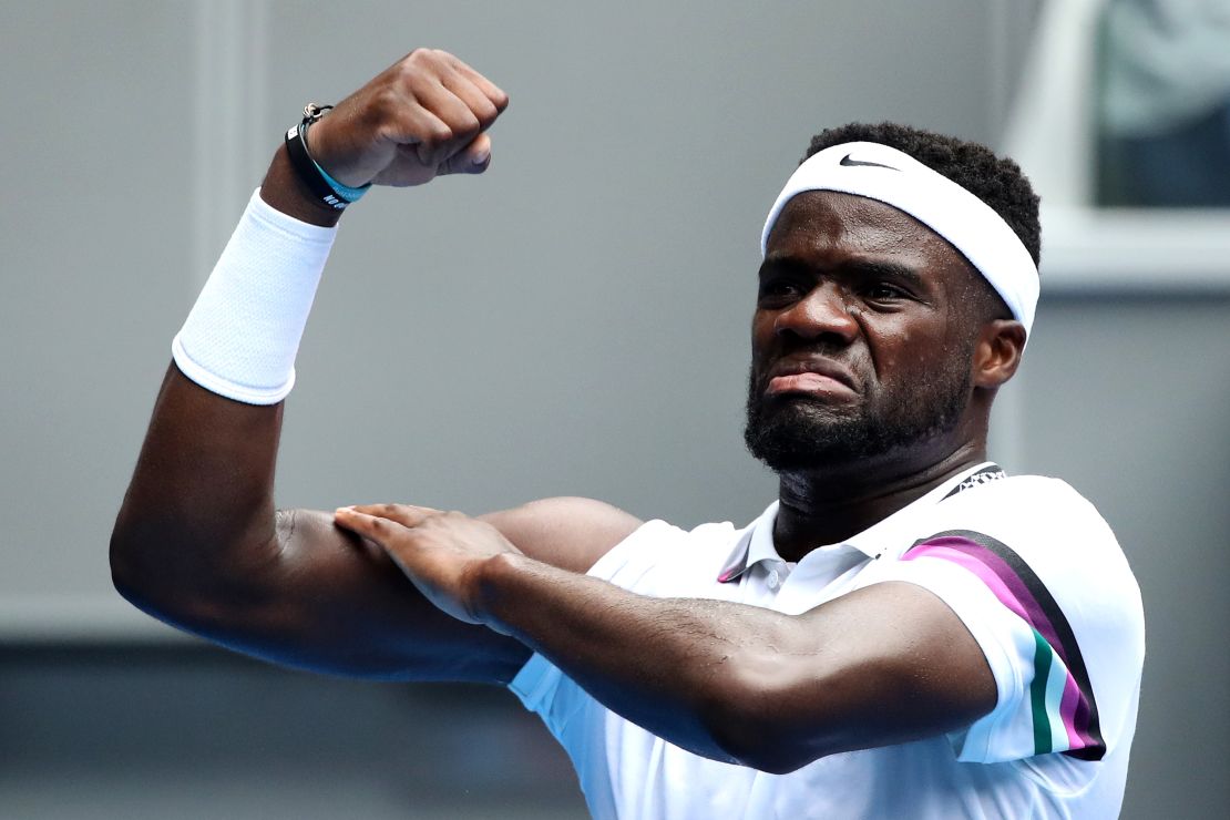 Frances Tiafoe celebrates after ousting fifth seed Kevin Anderson at the Australian Open. 