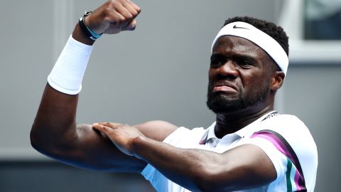 Frances Tiafoe celebrates after ousting fifth seed Kevin Anderson at the Australian Open.