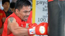 This photo taken on May 17, 2018 shows Philippine boxing icon Manny Pacquiao during a training session at a gym in Manila, ahead of his world welterweight boxing championship bout against Argentina's Lucas Matthysse in July. (Photo by TED ALJIBE / AFP)        (Photo credit should read TED ALJIBE/AFP/Getty Images)