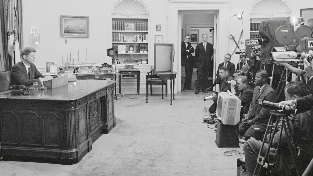 President John F. Kennedy goes on TV to urge passage of a civil rights bill.