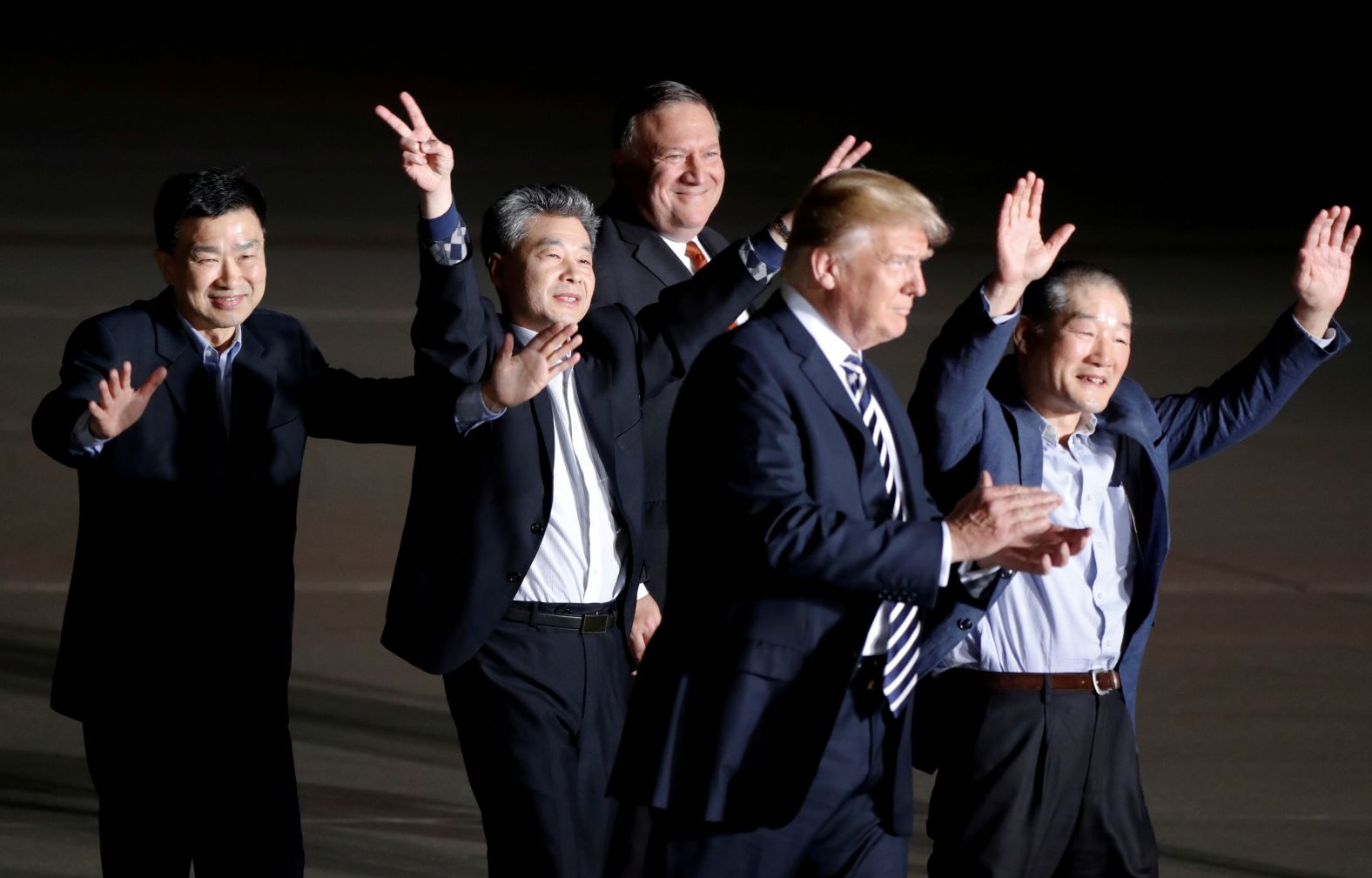 Three Americans <a href="https://www.cnn.com/2018/05/10/politics/trump-north-korea-freed-americans/index.html" target="_blank">released by North Korea</a> are welcomed at Andrews Air Force Base in Maryland by President Trump and Secretary of State Mike Pompeo on May 10. Kim Dong Chul, Kim Hak-song and Kim Sang Duk, also known as Tony Kim, were freed while Pompeo was visiting North Korea to discuss Trump's upcoming summit with North Korean leader Kim Jong Un.
