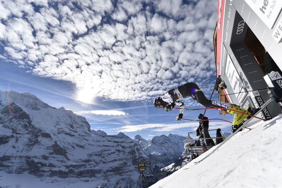 The course plunges back to Wengen against the backdrop of the Eiger and the mighty Monch and Jungfrau mountains in the Bernese Oberland.