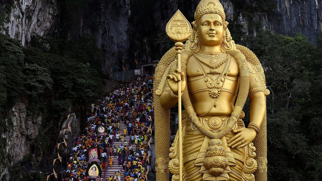 <strong>Thaipusam in Malaysia: </strong>In Malaysia, Hindu devotees gather early and walk up the 272 stairs to the Batu Caves temple, where a few Hindu shrines and a 42.7-meter-high Lord Murugan statue are housed.