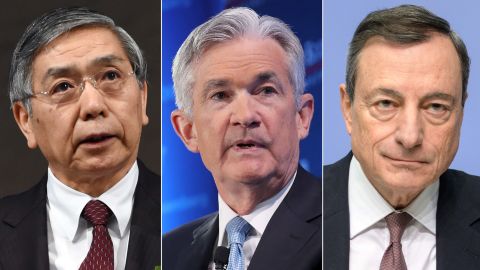 Bank of Japan Governor Haruhiko Kuroda, Federal Reserve Chairman Jerome Powell, Mario Draghi, president of the European Central Bank.